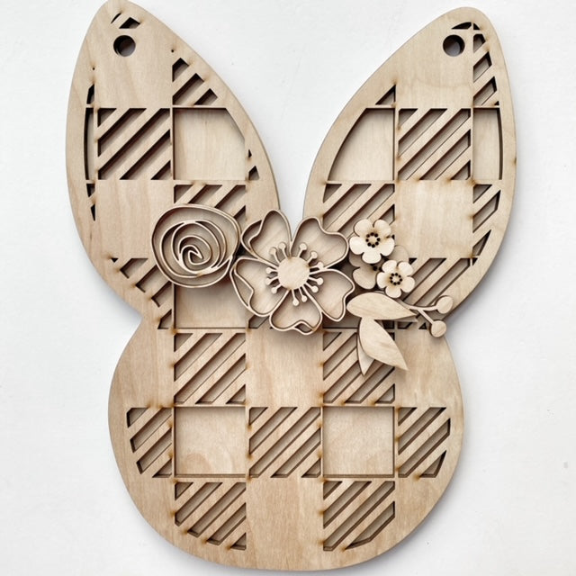 Buffalo Check Bunny Head with Flowers Doorhanger / Sign