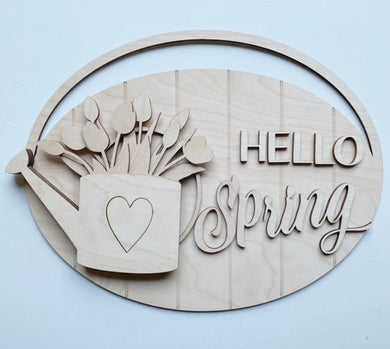 Hello Spring Watering Can Flowers Oval Doorhanger