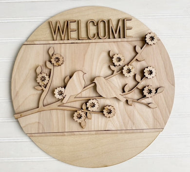 Welcome Birds on a Floral Branch Round Doorhanger