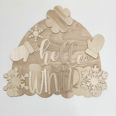 Hello Winter Hat Snowflakes and Mittens Doorhanger