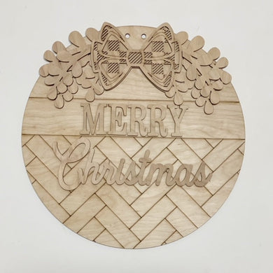 Merry Christmas Herringbone Bow and Leaves Round Doorhanger