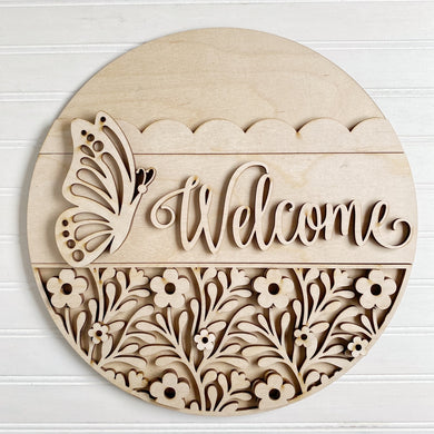 Welcome Butterfly Fancy Florals Round Doorhanger