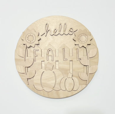 Hello Fall Fence Pumpkins & Sunflowers Round Doorhanger