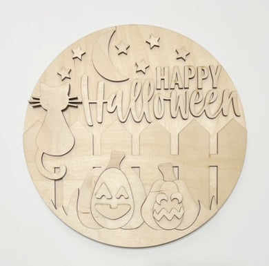 Halloween Fence Pumpkins Cat Jack-O-Lantern Round Doorhanger