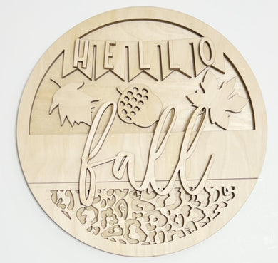 Hello Fall Banner Leopard Leaves Acorns Round Doorhanger