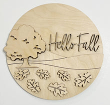 Hello Fall Field with Tree and Falling Leaves Round Doorhanger