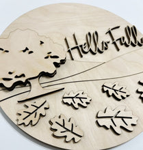 Hello Fall Field with Tree and Falling Leaves Round Doorhanger