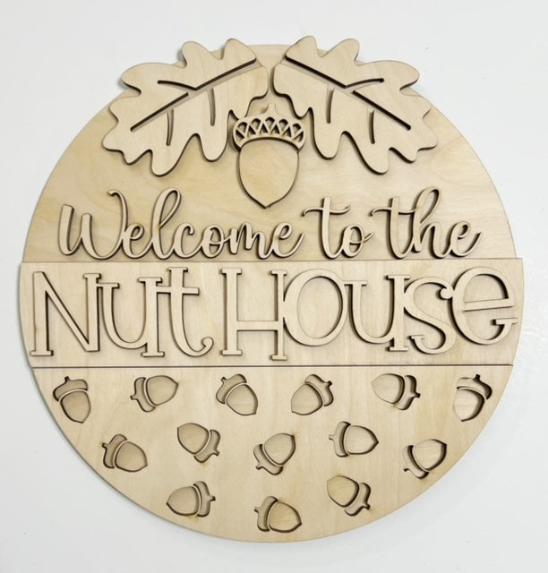 Welcome to the Nuthouse Acorns Leaves Fall Round Doorhanger