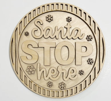 Santa Stop Here Snowflakes Striped Border Round Doorhanger