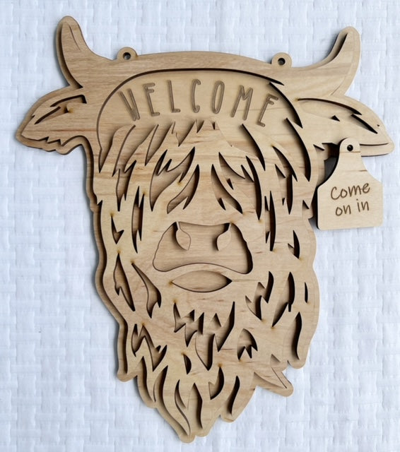 Highland Cow Welcome Doorhanger with Ear Tag