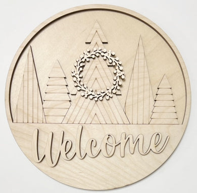 Welcome Christmas Trees with Wreath Round Doorhanger