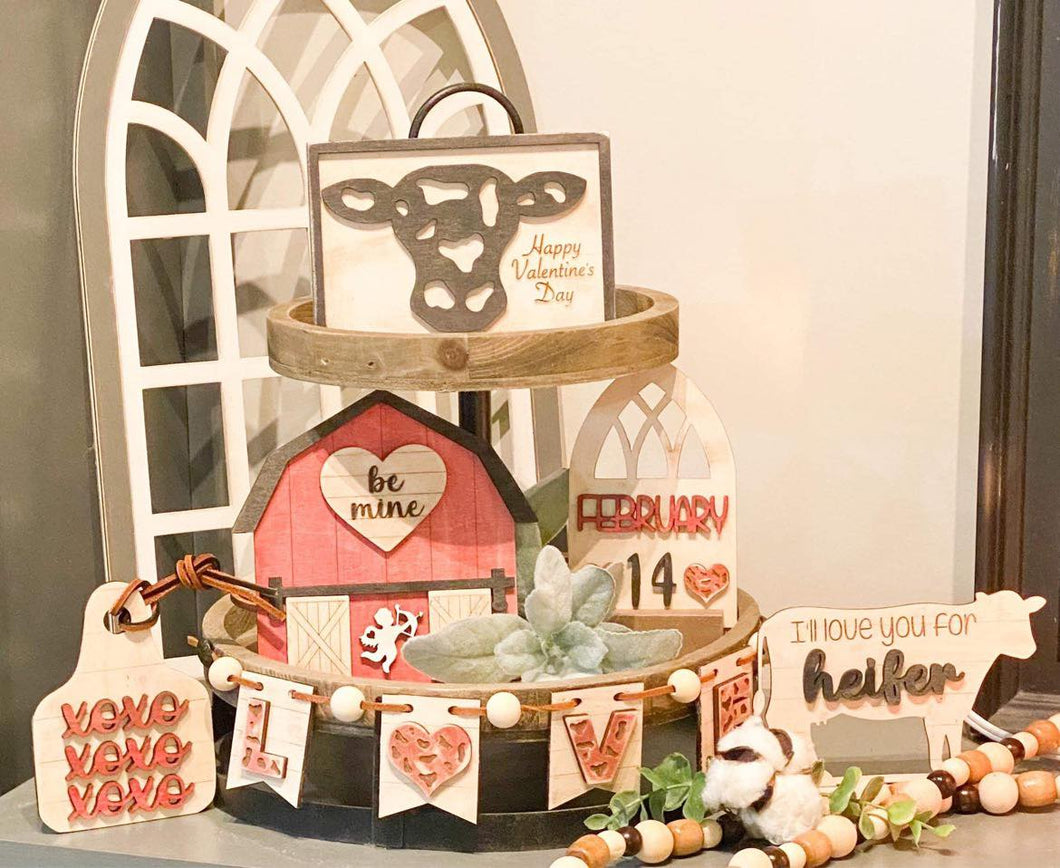 Valentine's Day Cow Barn Tiered Tray Set