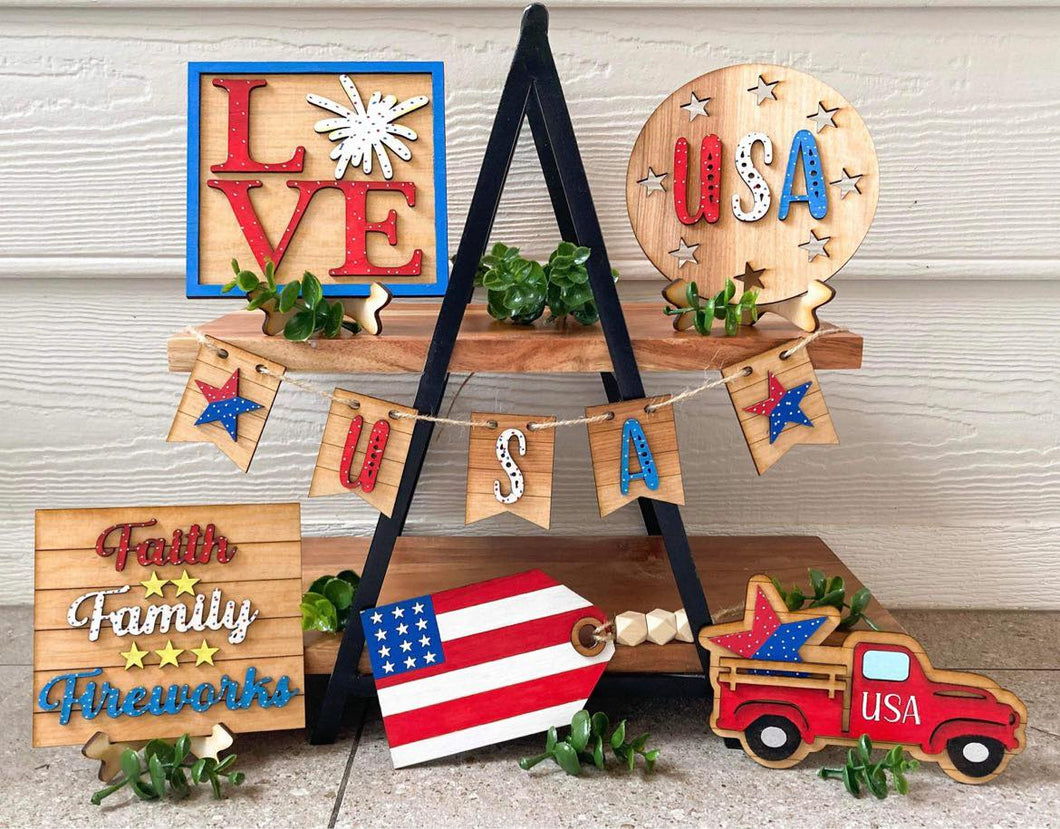 USA Love Faith Family Fireworks 4th of July Tiered Tray Set