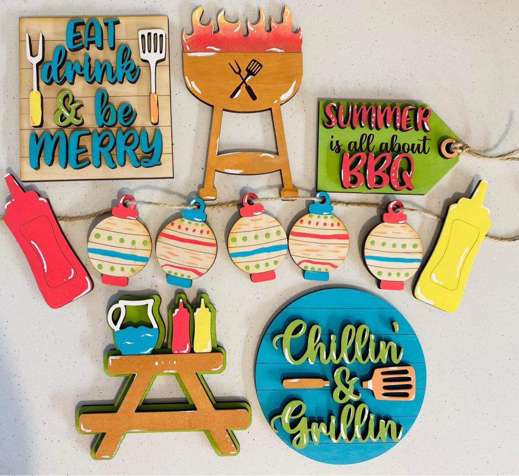 BBQ Cookout Chillin' & Grillin' Eat Drink & Be Merry Tiered Tray Set